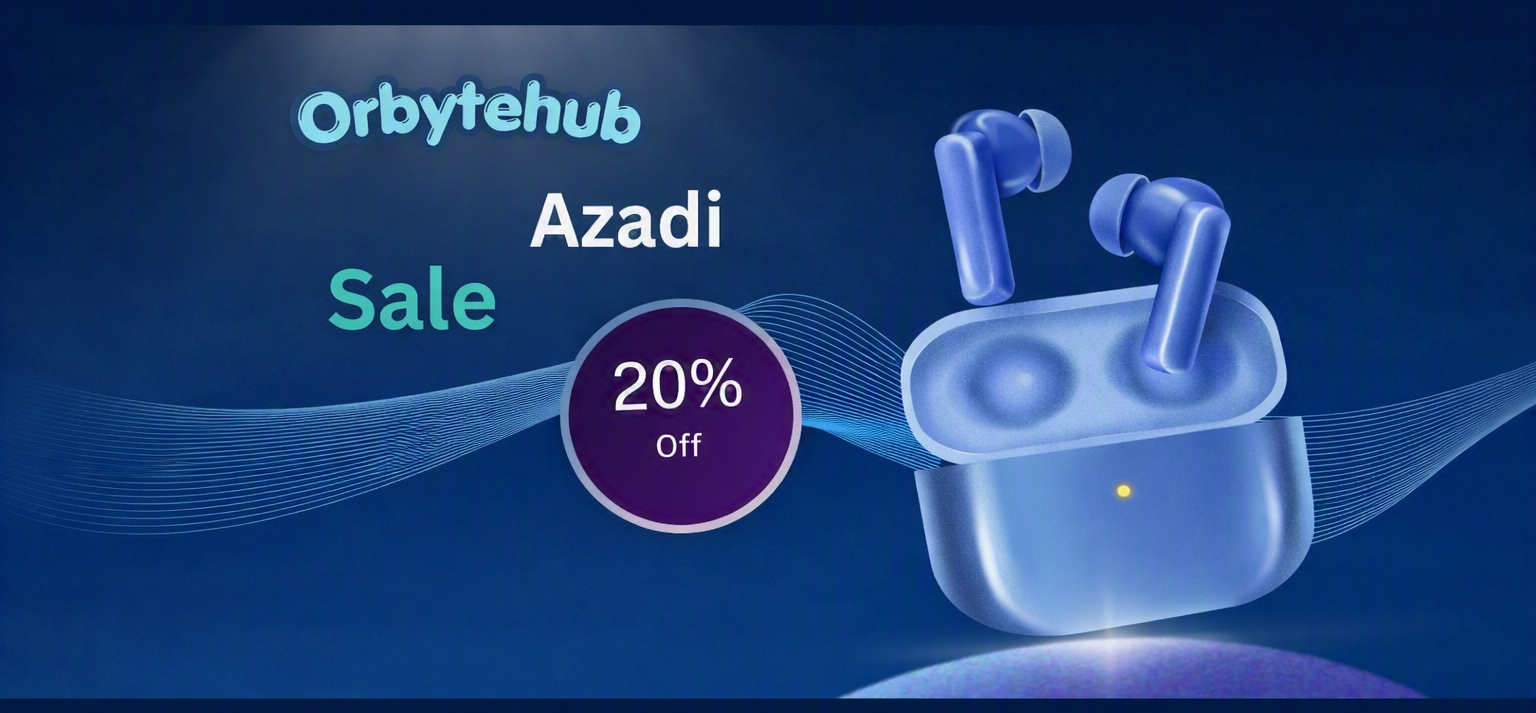 Promotional graphic for Orbytehub Azadi Sale featuring a pair of translucent blue wireless earbuds in a matching charging case with a purple '20% Off' badge on a dark blue background.